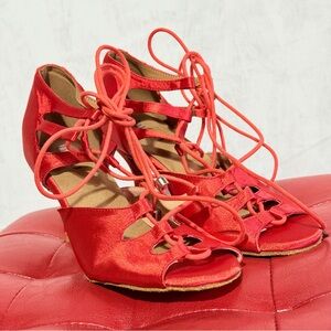 Burju Red Satin 3" Heels Open Toe Ballroom Dance Shoes Size 8.5